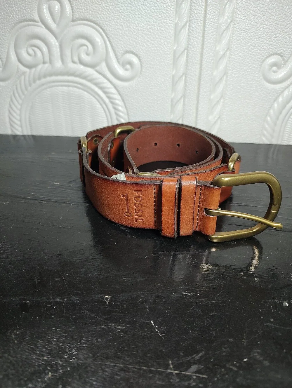 Fossil Women's  Tan/Brown Leather Connector Belt with Brass-Tone Buckle Size L